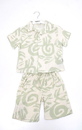 Tuffy Erkek Çocuk  Baskılı Keten Gömlek Sort Takım