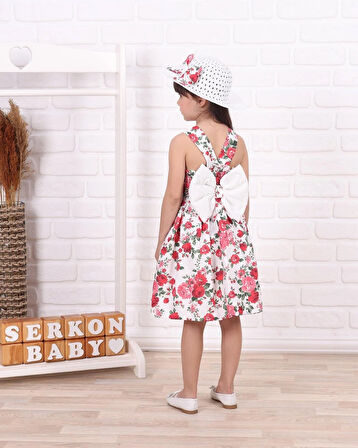 Serkon Kız Çocuk Hasır Şapkalı Güllü Elbise SER-0235