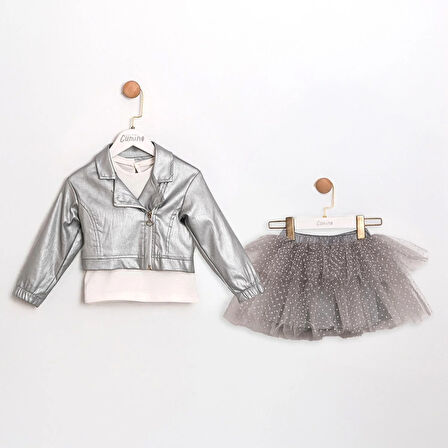 Kız Çocuk Griselle Deri Ceketli Tütü Etekli 3'lü Takım CMN-3741