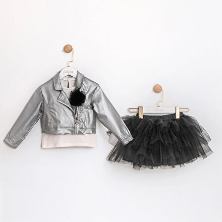 Kız Çocuk Samira Deri Ceketli Tütü Etekli 3'lü Takım CMN-3740