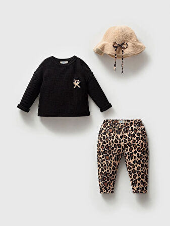 Kız Bebek Leopar Desenli 3'lü Takım NOY-9349