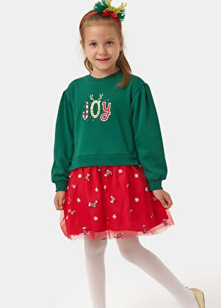 Kız Çocuk Joy Baskılı Tüllü Yıllbaşı Elbisesi NBK-24908