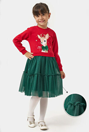 Kız Çocuk Happy New Year Geyik Baskılı Yeniyıl Elbisesi NBK-24916