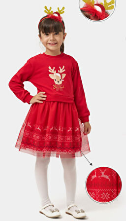 Kız Çocuk Oh Deer Tüllü Baskılı Yılbaşı Elbisesi NBK-24909