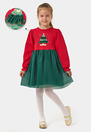 Kız Çocuk Simli Tüllü Ağaçlı Yılbaşı Elbisesi NBK-24906