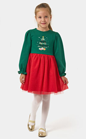 Kız Çocuk Simli Tüllü Ağaçlı Yılbaşı Elbisesi NBK-24906