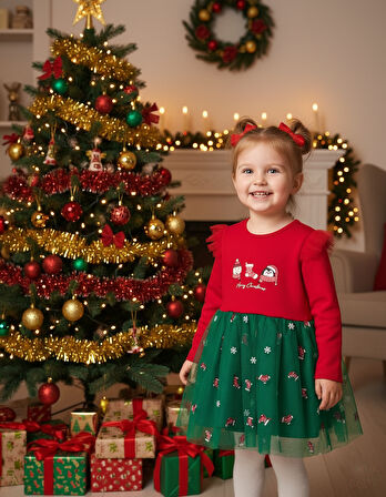 Kız Çocuk Snowman And Penguın Tüllü Yılbaşı Elbise NBK-24915