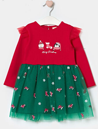 Kız Çocuk Snowman And Penguın Tüllü Yılbaşı Elbise NBK-24915