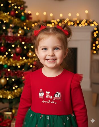 Kız Çocuk Snowman And Penguın Tüllü Yılbaşı Elbise NBK-24915