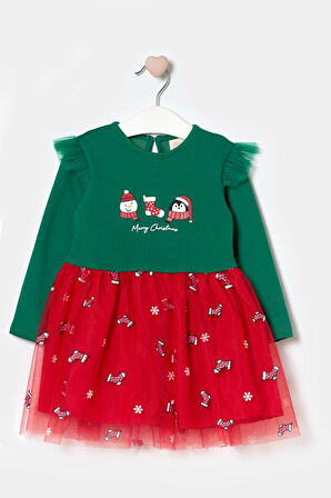Kız Çocuk Snowman And Penguın Tüllü Yılbaşı Elbise NBK-24915