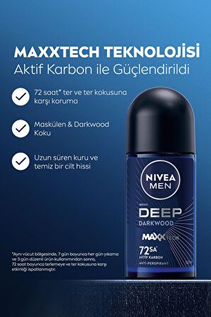 Nivea MEN Erkek Roll-on Deodorant Deep Dimension Aktif Karbon 50ml, 72 Saat Anti-perspirant Koruma,X2 Adet