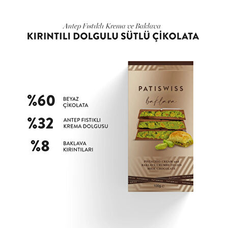 Antep Fıstıklı Krema ve Baklava Kırıntılı Sütlü Çikolata, 100G