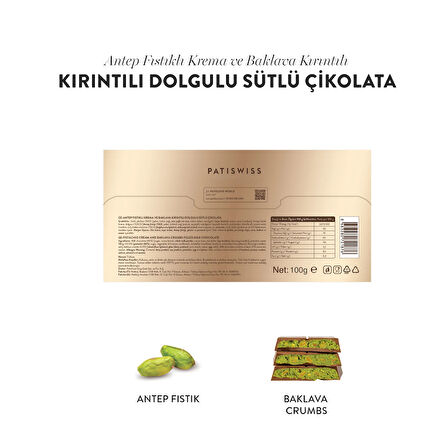 Antep Fıstıklı Krema ve Baklava Kırıntılı Sütlü Çikolata, 100G