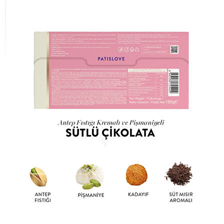 Patislove Antep Fıstığı Kremalı ve Pişmaniye Dolgulu Sütlü Çikolata, 180G