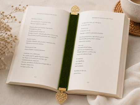 💚 Velvet Heart – Yeşil Kadife Kurdele Kalp Detaylı Kitap Ayracı