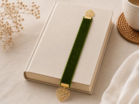 💚 Velvet Heart – Yeşil Kadife Kurdele Kalp Detaylı Kitap Ayracı