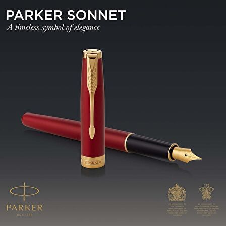 Parker Sonnet Lake Kırmızı Altın Tasarımlı Dolma Kalem, F Uç, Mavi Mürekkep