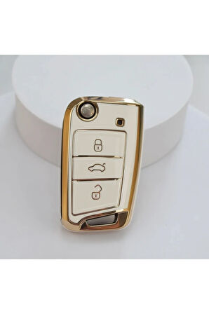 Skoda Karoq Gold Anahtar Kılıfı Beyaz Renk