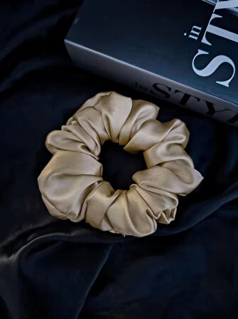 Çocuk Saten Toka / S - Bej Parıltı – Tekli Lüks Lastik Model Scrunchie