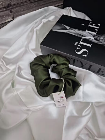 Çocuk Saten Toka / S - Haki Esintisi – Tekli Lüks Lastik Model Scrunchie