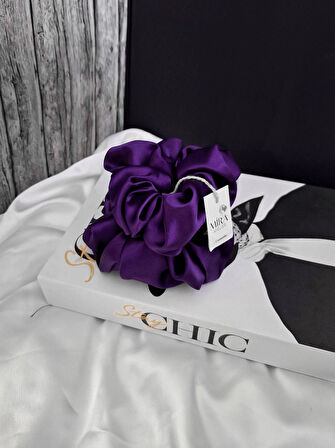 2'li Lüks Kadın Saten Toka - Mor Tutku – Lastik Model Scrunchie - Anne Kız Kombini
