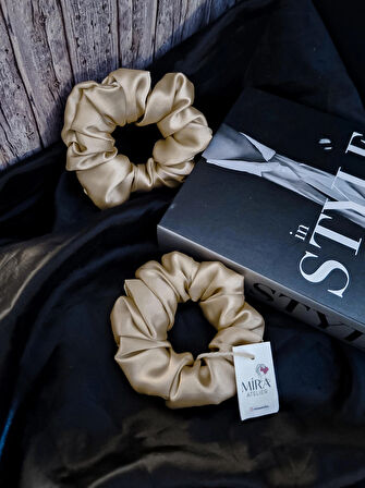 2'li Lüks Kadın Saten Toka - Bej Parıltı – Lastik Model Scrunchie - Anne Kız Kombini