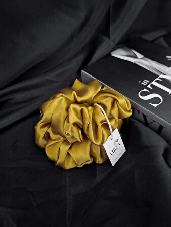 2'li Lüks Kadın Saten Toka - Altın Tozu – Lastik Model Scrunchie - Anne Kız Kombini