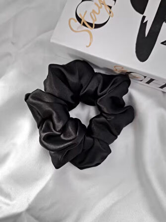 Kadın Saten Toka / M - Sonsuz Siyah – Tekli Lüks Lastik Model Scrunchie