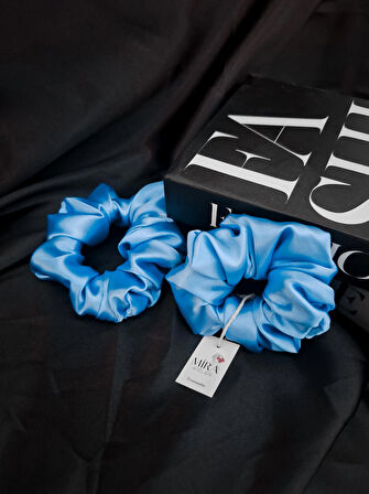 2'li Lüks Kadın Saten Toka - Mavi İnci – Lastik Model Scrunchie - Anne Kız Kombini
