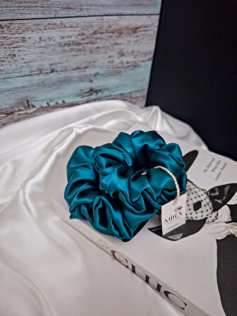 2'li Lüks Kadın Saten Toka - Mavi Aura – Lastik Model Scrunchie - Anne Kız Kombini