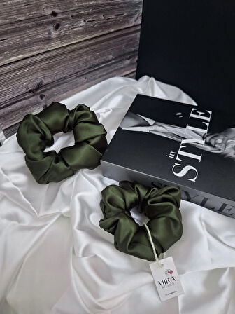 2'li Lüks Kadın Saten Toka - Haki Esintisi – Lastik Model Scrunchie - Anne Kız Kombini