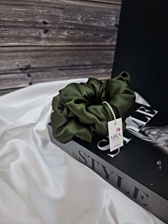 2'li Lüks Kadın Saten Toka - Haki Esintisi – Lastik Model Scrunchie - Anne Kız Kombini