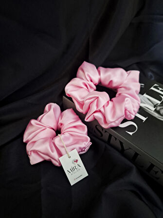 2'li Lüks Kadın Saten Toka - Şeker Pembesi – Lastik Model Scrunchie - Anne Kız Kombini