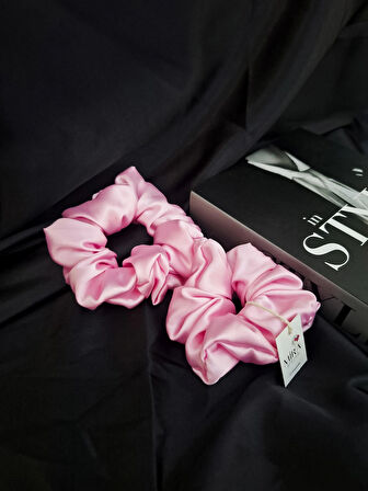 2'li Lüks Kadın Saten Toka - Şeker Pembesi – Lastik Model Scrunchie - Anne Kız Kombini