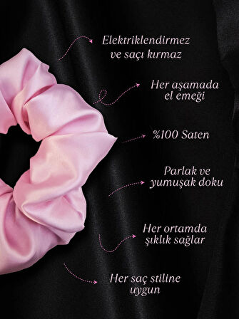 2'li Lüks Kadın Saten Toka - Şeker Pembesi – Lastik Model Scrunchie - Anne Kız Kombini