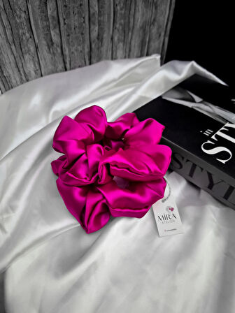 2'li Lüks Kadın Saten Toka - Büyülü Fuşya – Lastik Model Scrunchie - Anne Kız Kombini