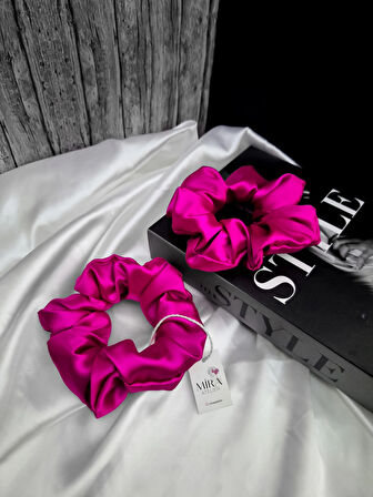 2'li Lüks Kadın Saten Toka - Büyülü Fuşya – Lastik Model Scrunchie - Anne Kız Kombini
