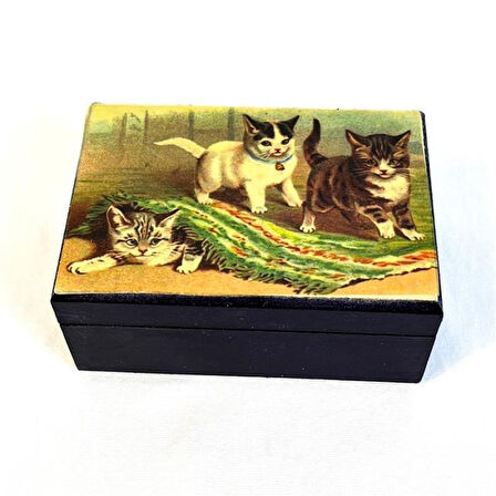Uretti - Hülya 6683 8214 El Yapımı Nostaljik Retro Kedi Baskılı Dikdörtgen Ahşap Dekoratif Saklama / Takı Kutusu -  Mor