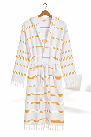 Kapşonlu Unisex Beyaz Çizgili Banyo Deniz Plaj Peştemal Bornozu %100 Pamuklu