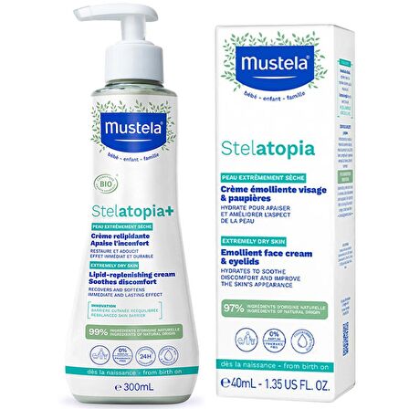 Mustela Stelatopia Lipit Yenileyici Krem 300 ml + Stelatopia Emollient Face Cream Yüz Kremi 40 ml