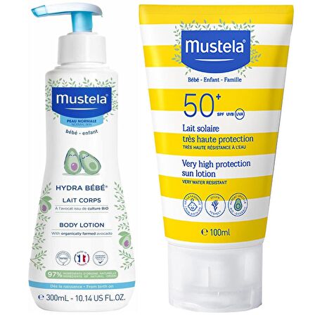 Mustela Tüm Aile İçin Spf 50+ Güneş Losyonu 100 ml + Mustela Hydra Bebe Vücut Losyonu 300 ml