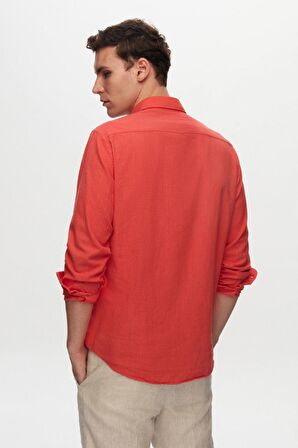 D'S Damat Slim Fit Nar Çiçeği Düğmeli Yaka %100 Pamuk Yazlık Flamlı Keten Görünümlü Gömlek 6HC02ORT63265