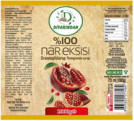 Diyarından Yöresel Doğal Nar Ekşisi 1000 Gr