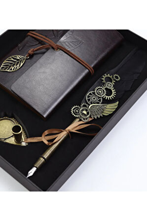 Tüylü Divit Kalem ve Deri Kapaklı Vintage Anı-Seyahat Defteri Seti