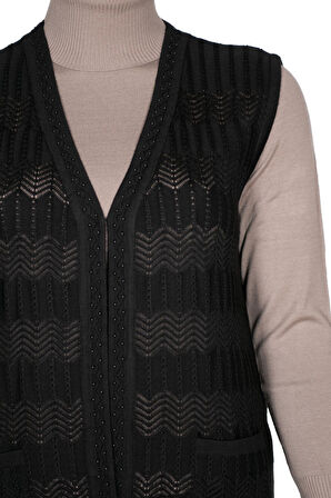 Hesna Kadın Gökçe Triko Ajurlu Boncuklu Cepli Siyah Yelek