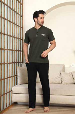 Erkek Bisiklet Yaka 3 Düğmeli Göğüs Cepli Pamuk Likra Mevsimlik Kısa Kol Pijama Takımı