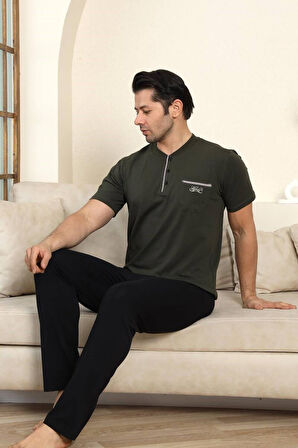 Erkek Bisiklet Yaka 3 Düğmeli Göğüs Cepli Pamuk Likra Mevsimlik Kısa Kol Pijama Takımı