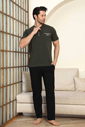 Erkek Bisiklet Yaka 3 Düğmeli Göğüs Cepli Pamuk Likra Mevsimlik Kısa Kol Pijama Takımı