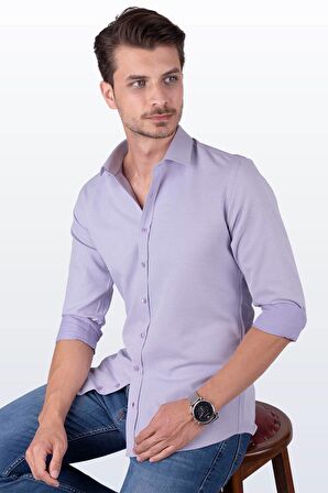 Lila Armür Desenli Slimfit Gömlek