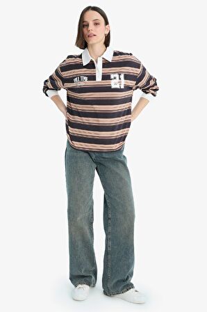 Coool Loose Fit Çizgili Polo Yaka Sweatshirt
